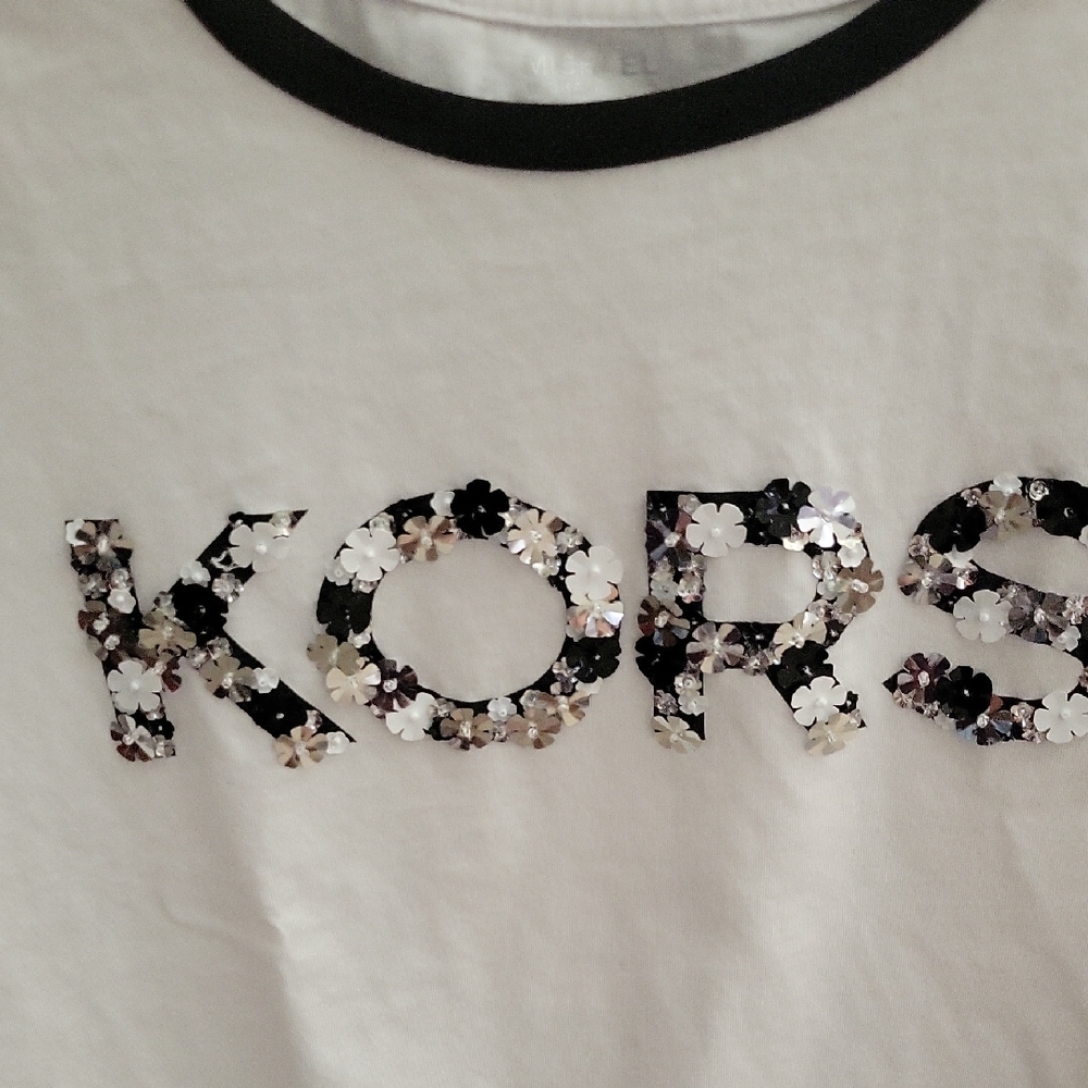 Michael Kors Womens White Tee with Black Trim and Daisy Sparkle Logo - Picture 4 of 9